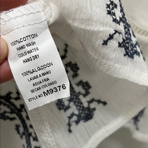 Monoreno Cotton Bohemian White Gauzy Blouse with Navy Embroidery - Size Small - Picture 14 of 14